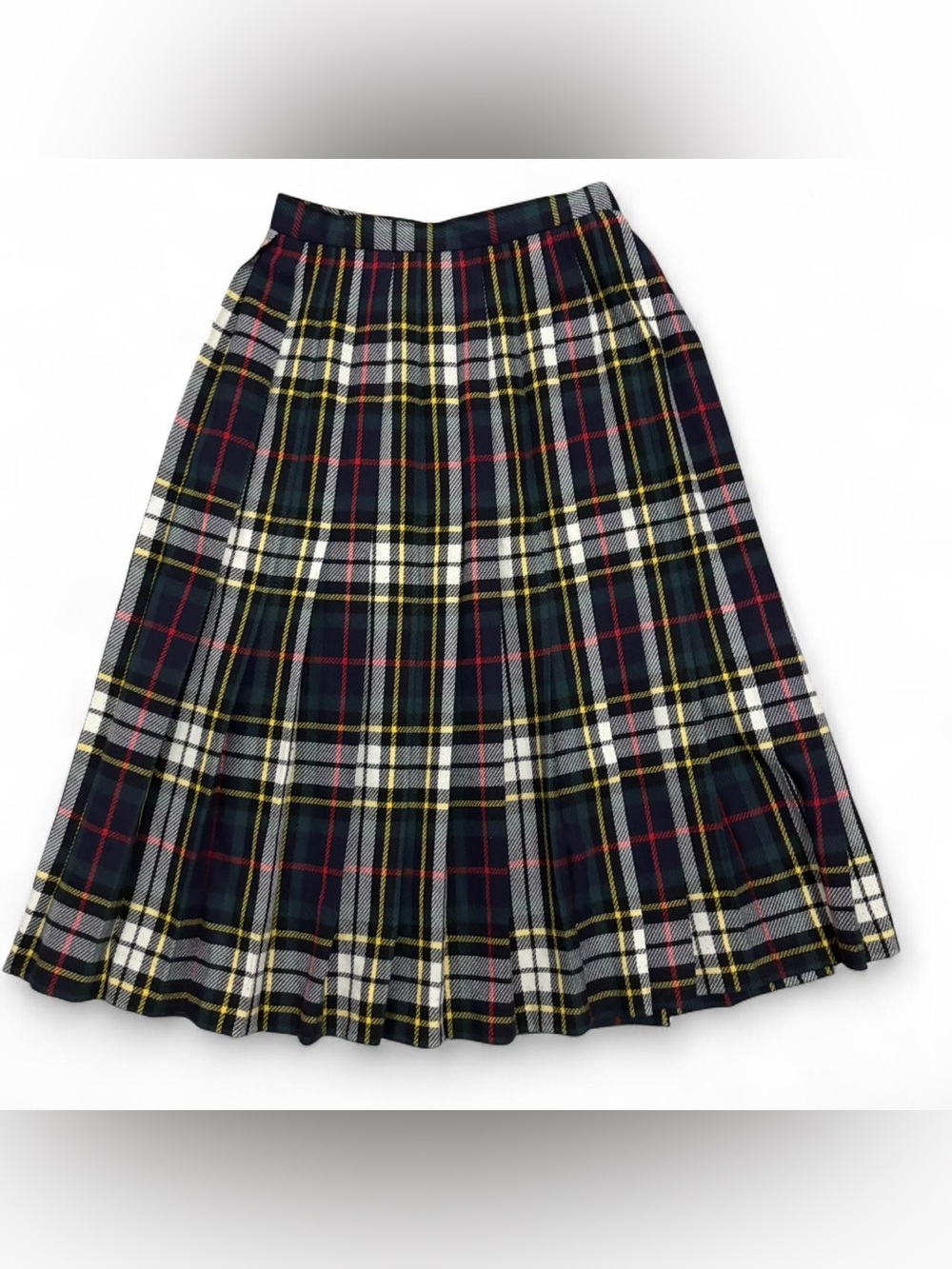VintageJH Collectibles Navy Plaid Pleated Wool Skirt, 27” waist